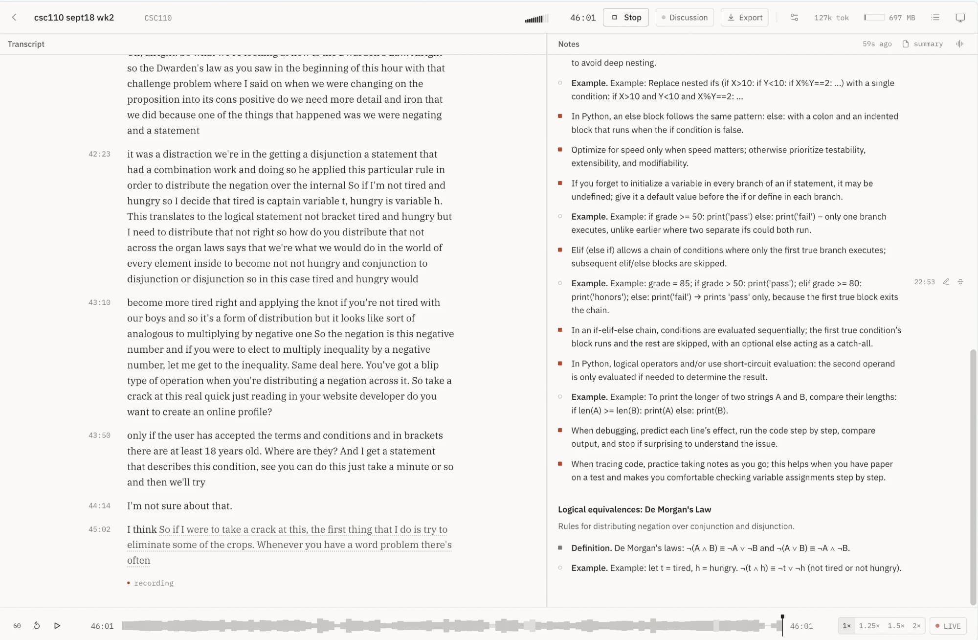 Notes on Python conditionals followed by a new section on De Morgan's laws with a worked example.