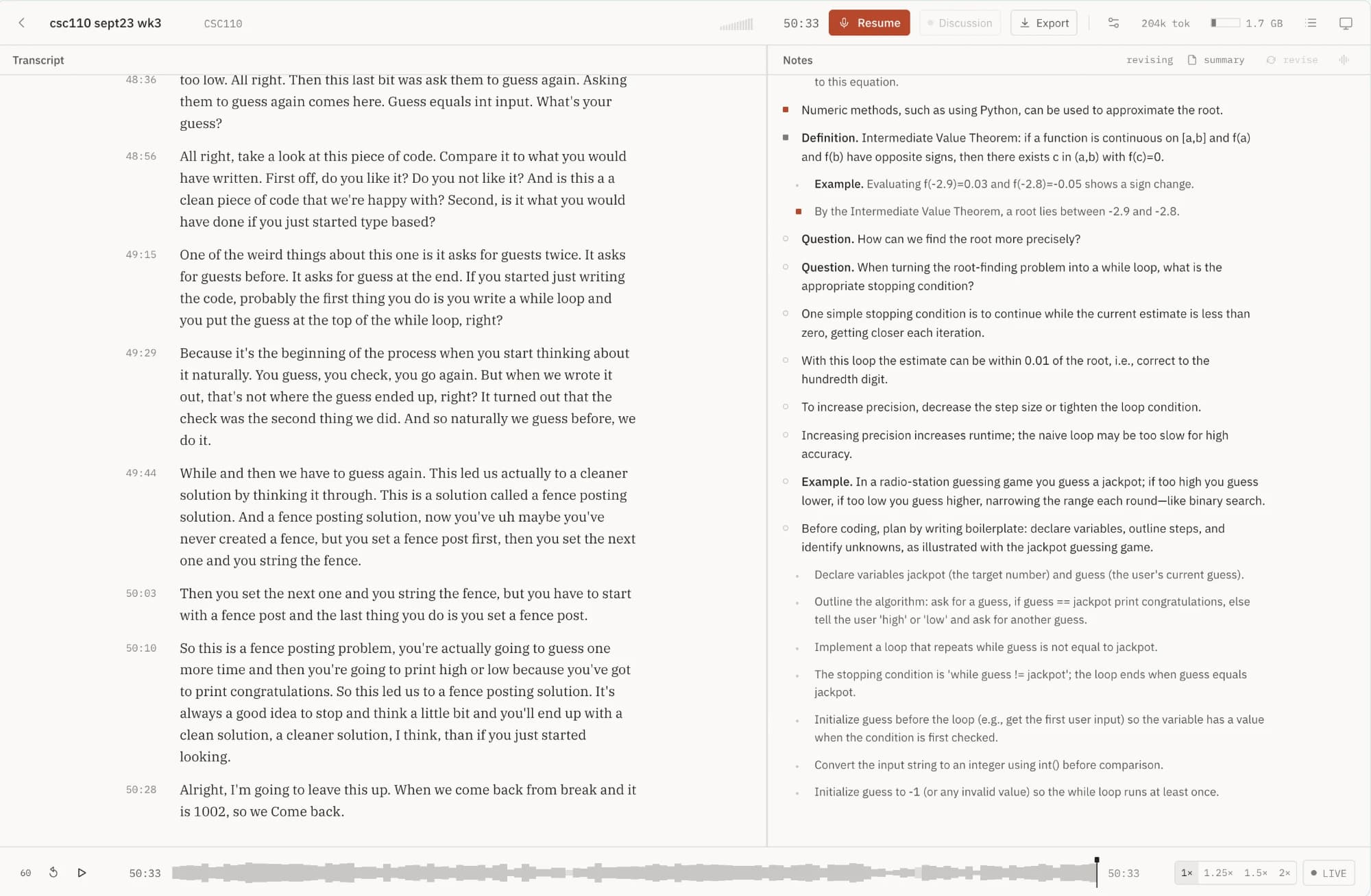 A paused computer science lecture: transcript about fence-post loops, notes about the Intermediate Value Theorem and a jackpot guessing game.