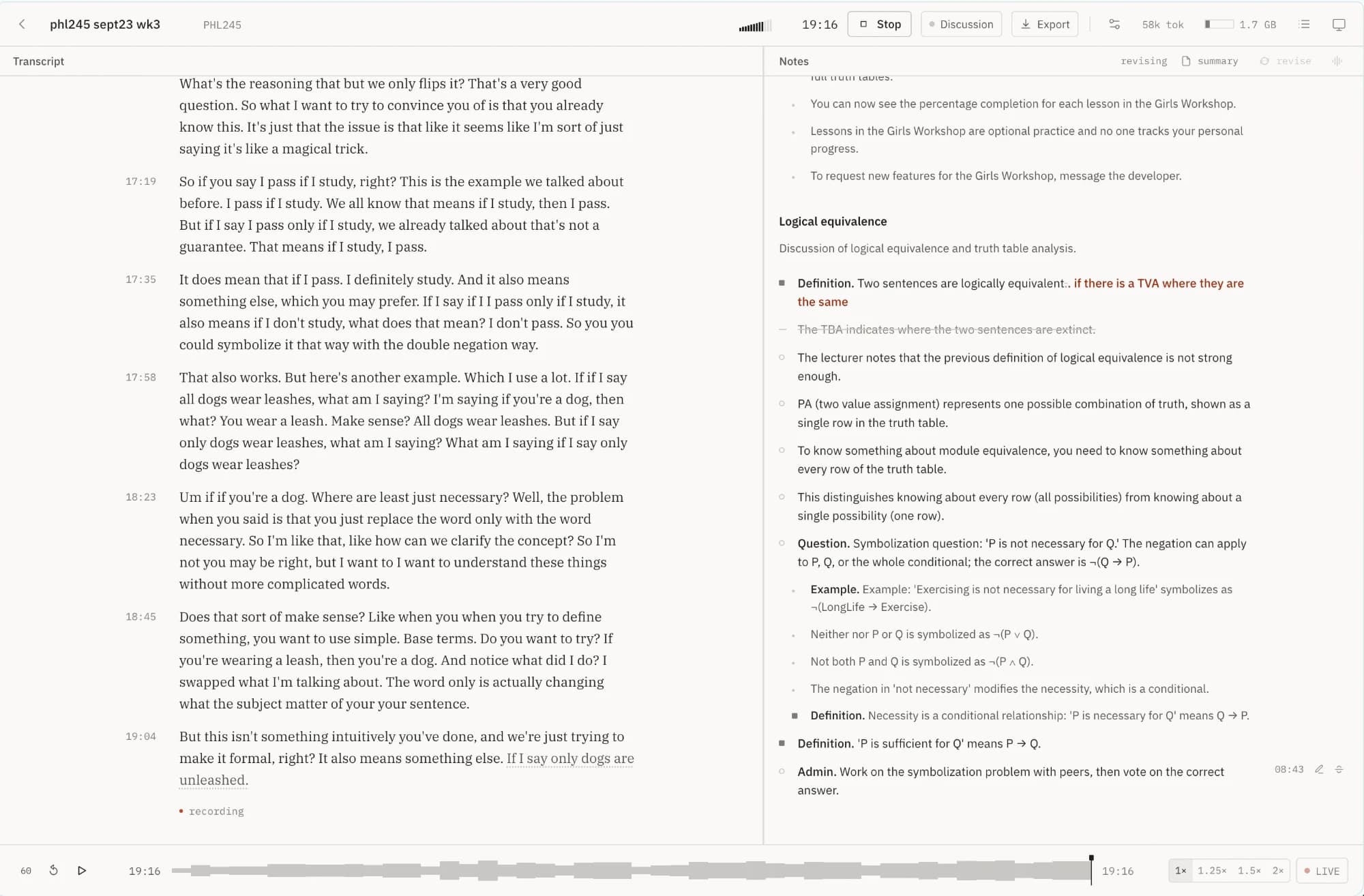 Notes on logical equivalence with one bullet struck through, and a nested list of symbolisation examples.