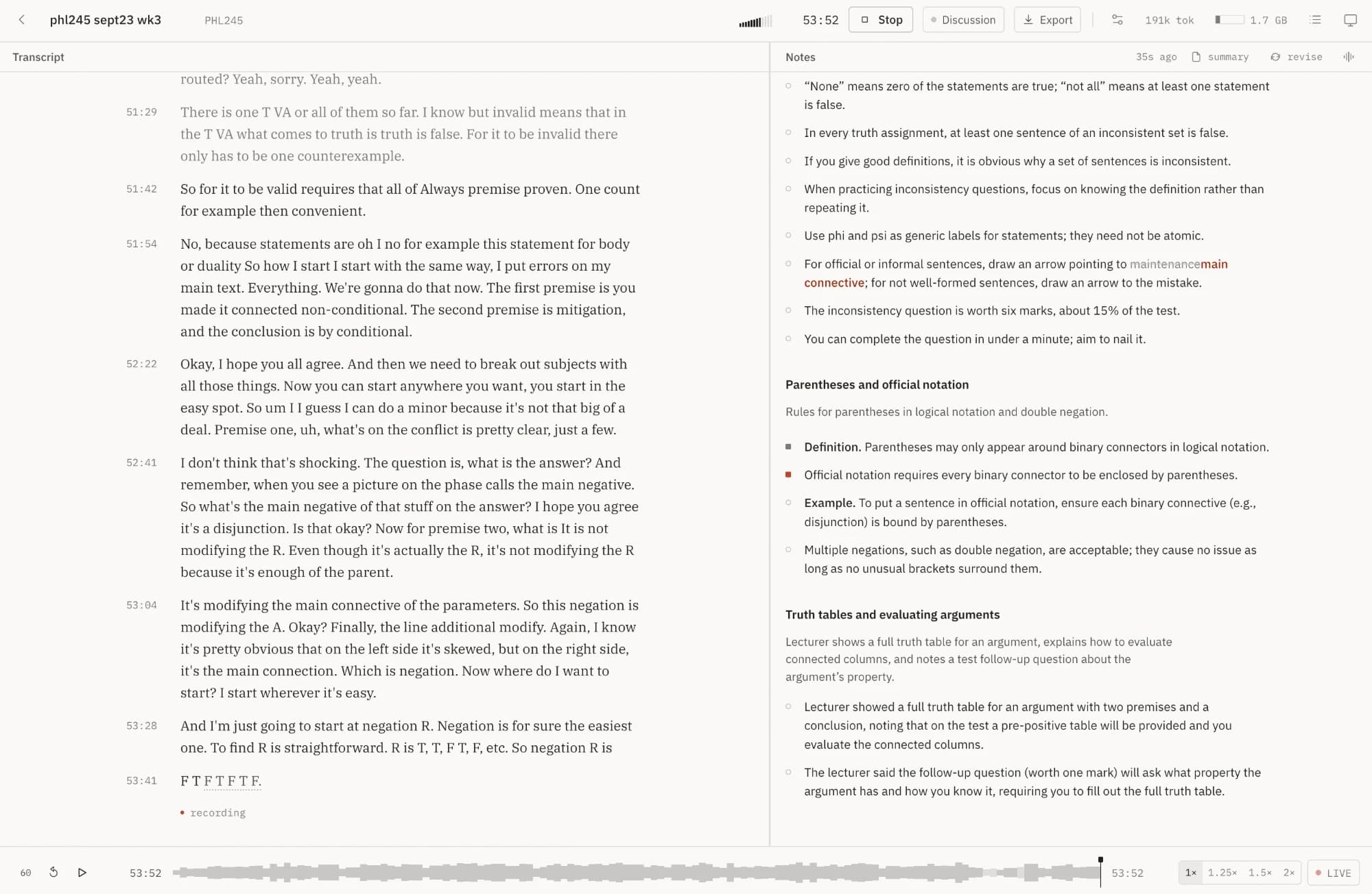 kewind recording a philosophy lecture at 53 minutes: transcript on the left, notes on truth tables and official notation on the right, with one corrected phrase in red.